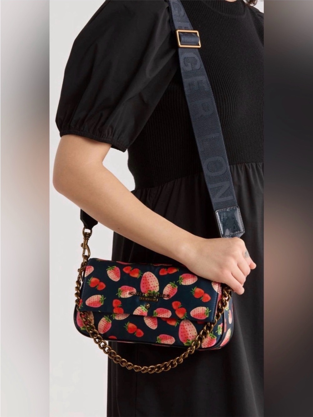 Kurt Geiger Navy Crossbody Bag with Pink Strawberry Print - Picture 6 of 6